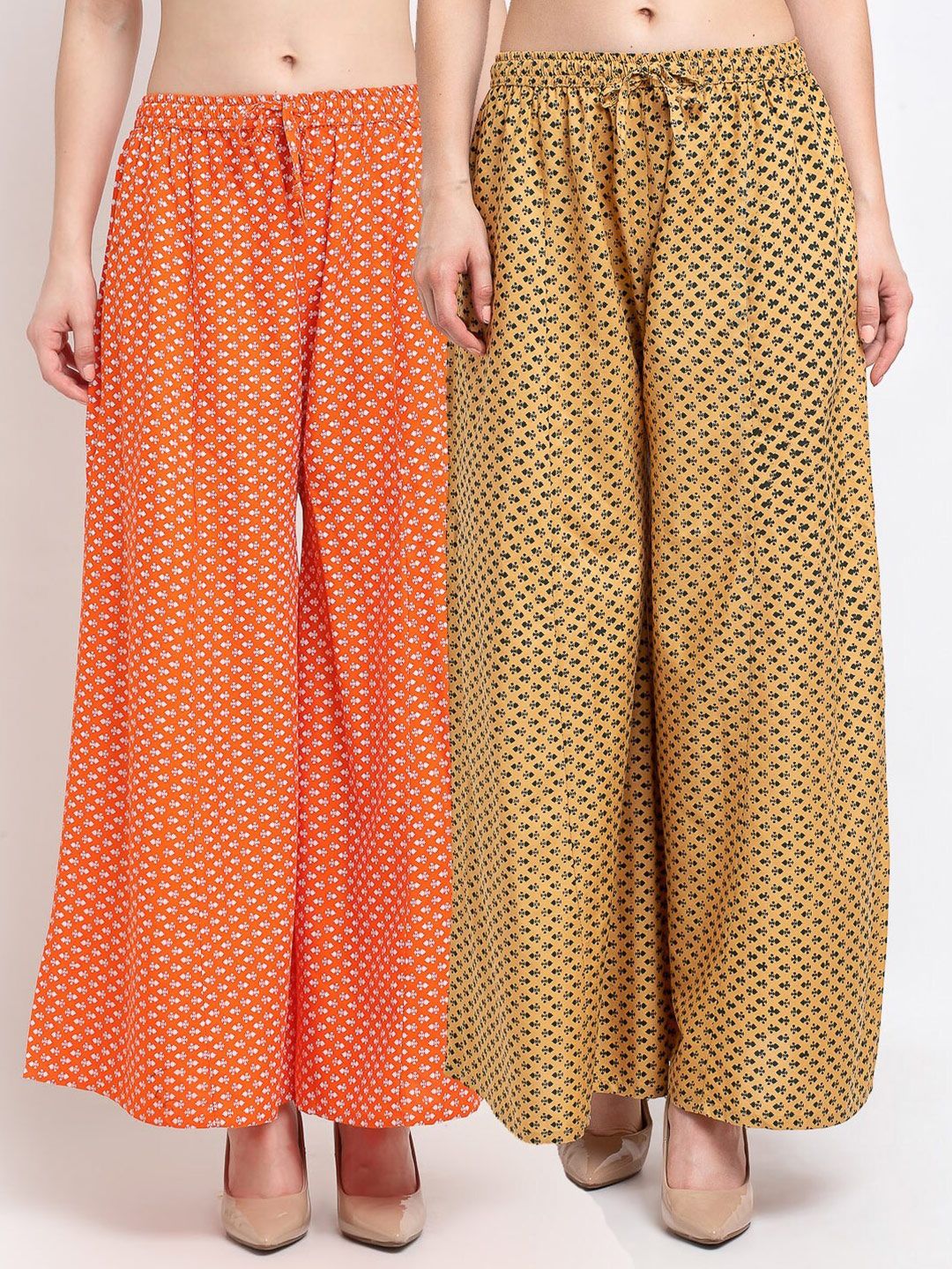 Jinfo Women Orange & Beige Set Of 2 Ethnic Motifs Printed Flared Ethnic Palazzos Price in India