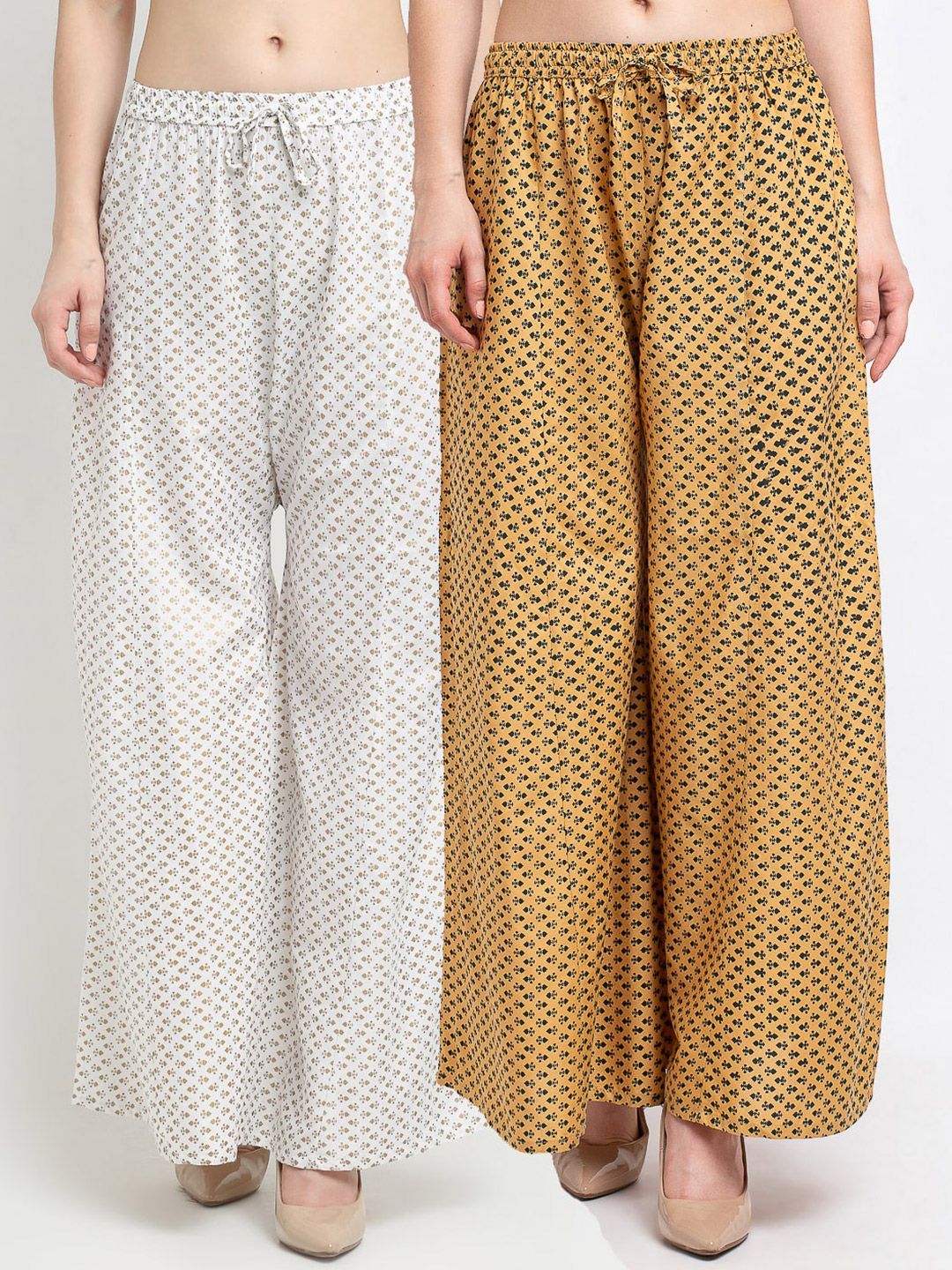 Jinfo Women White & Beige Pack Of 2 Abstract Printed Flared Fit Palazzos Price in India