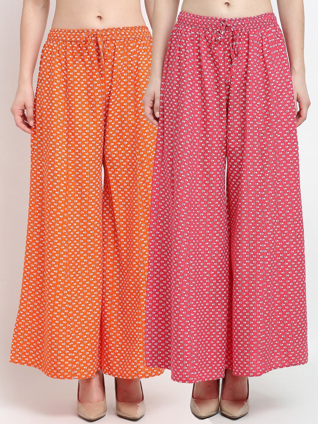 Jinfo Women Orange & Pink Set Of 2 Printed Flared Knitted Ethnic Palazzos Price in India