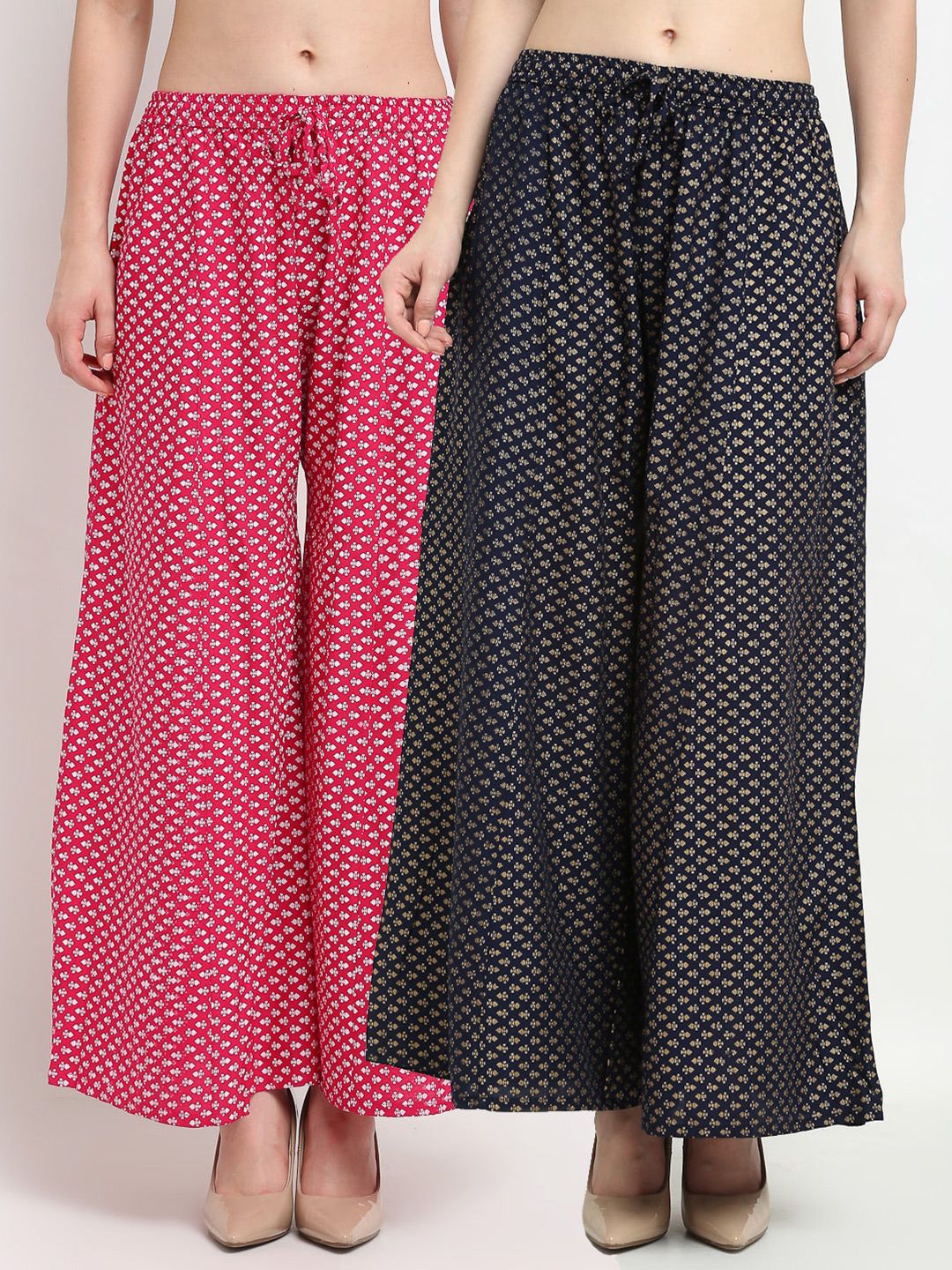 Jinfo Women Pink & Navy Blue Set Of 2 Ethnic Motifs Printed Flared Ethnic Palazzos Price in India