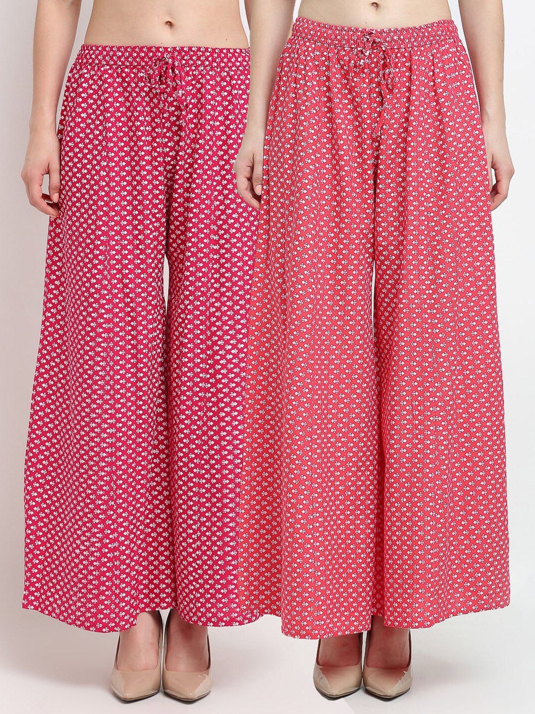 Jinfo Women Pink & Peach-Coloured Set Of 2 Printed Flared Knitted Ethnic Palazzos Price in India