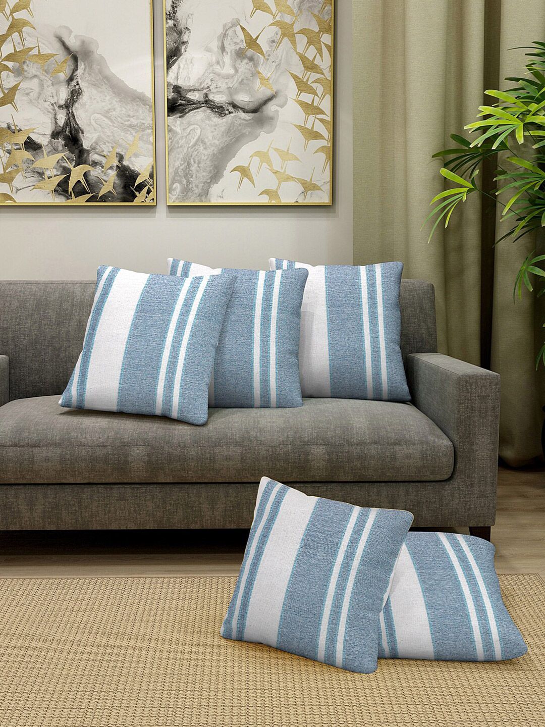 KLOTTHE Blue & White Set of 5 Striped Square Cushion Covers Price in India