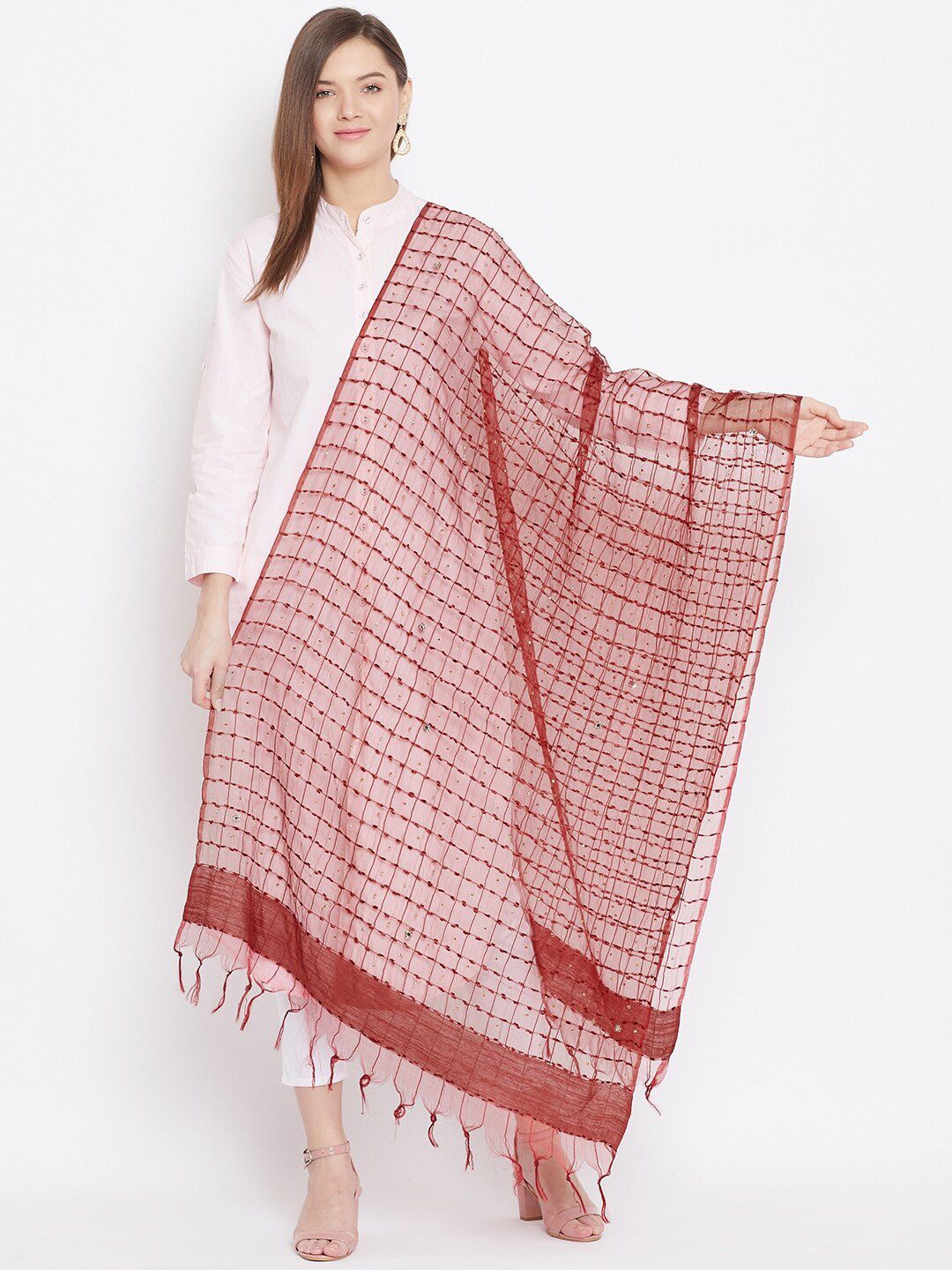 Clora Creation Maroon Checked Organza Sequinned Net Dupatta Price in India