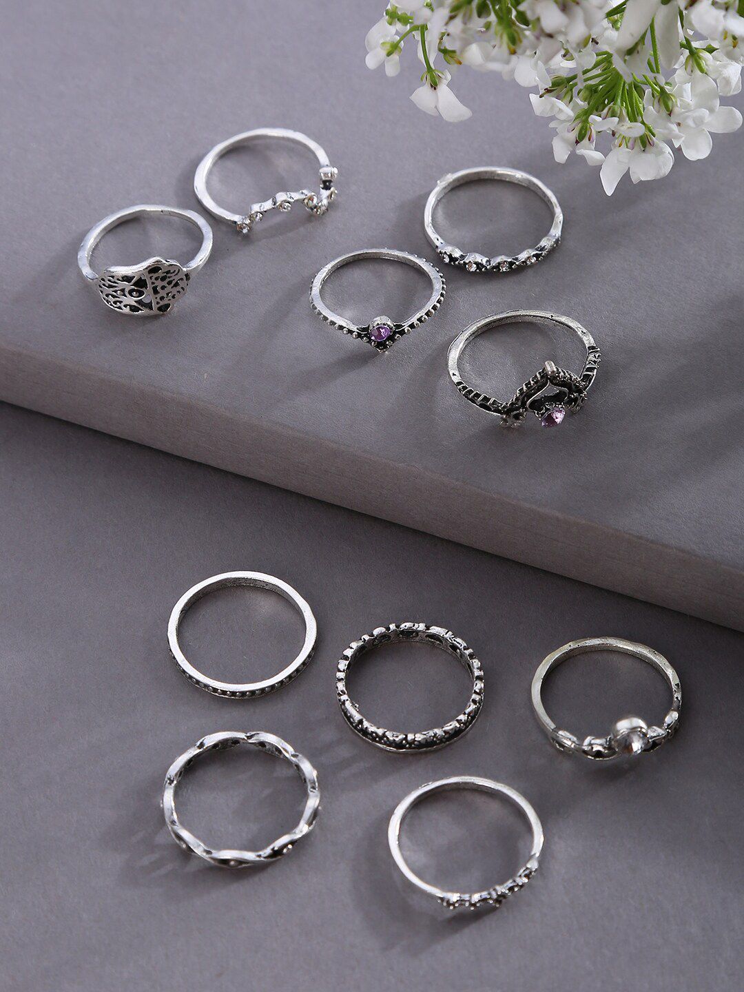 SOHI Women Pack Of 10 Silver-Plated Oxidised Finger Rings Price in India