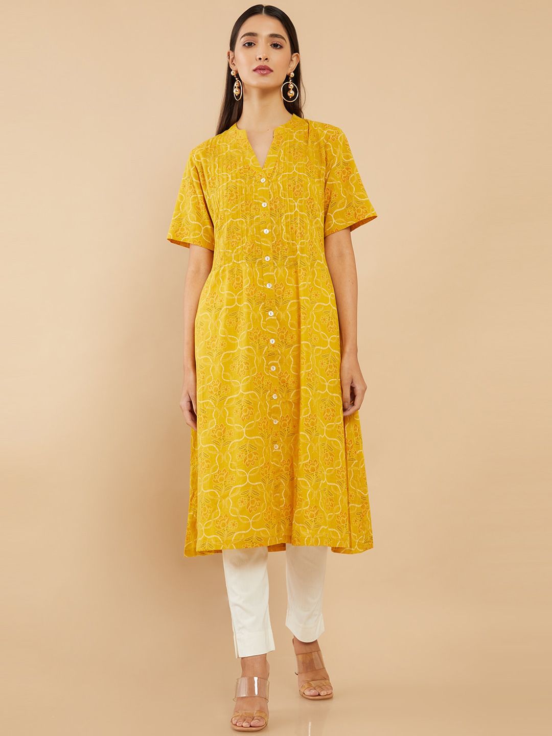 Soch Women Mustard Yellow Floral Printed A-Line Fit Cotton Kurta Price in India