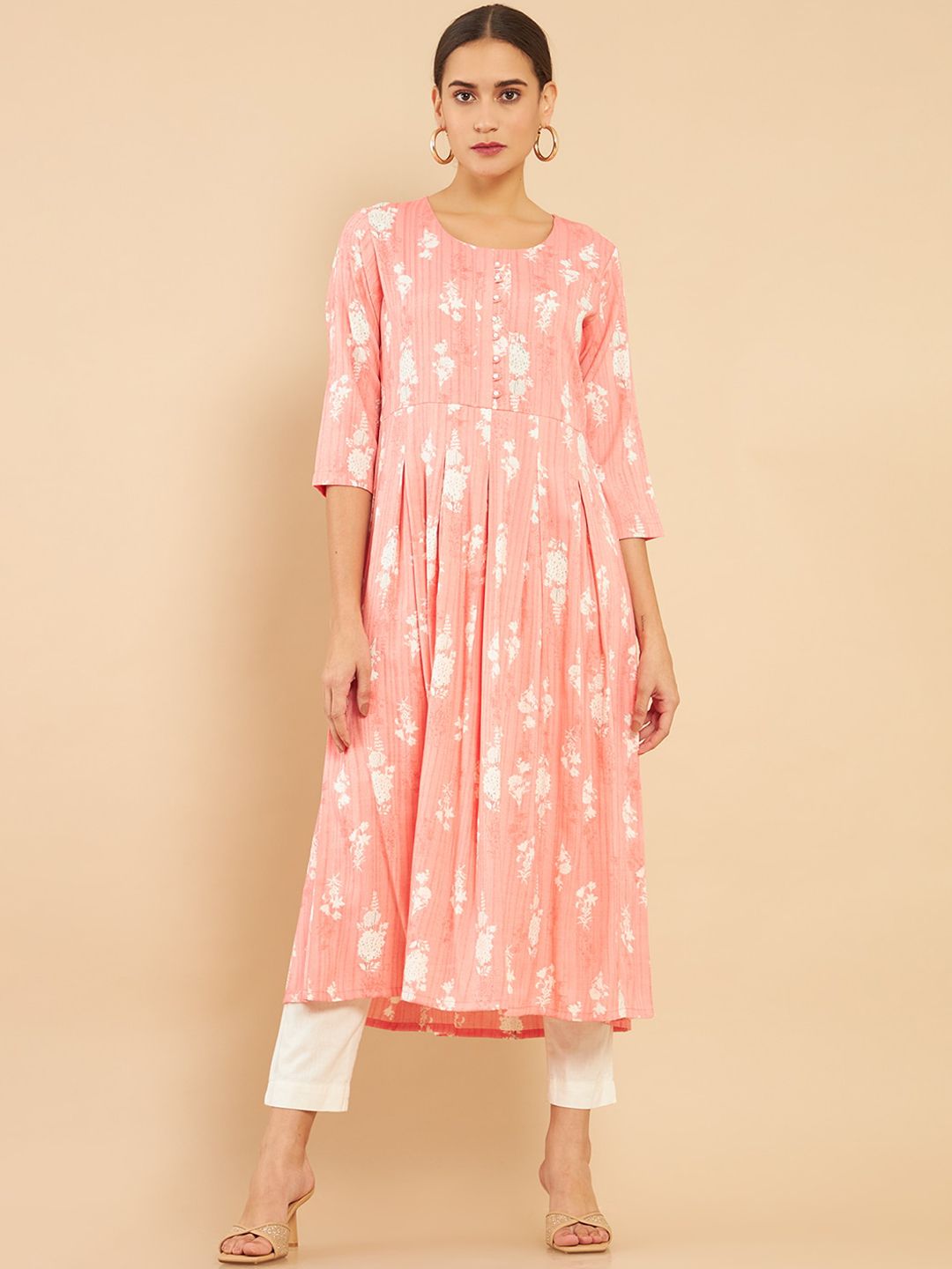 Soch Women Peach-Coloured Floral Printed Flared Fit Kurta Price in India