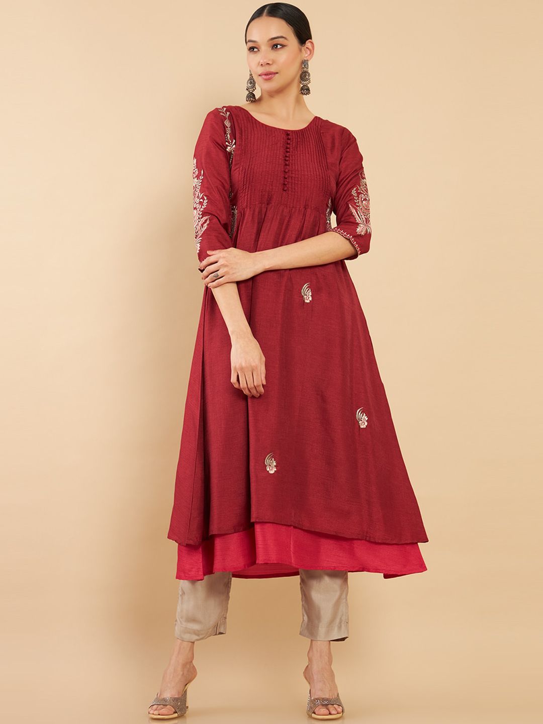 Soch Women Maroon Ethnic Motifs Embroidered Thread Work Silk Anarkali Kurta