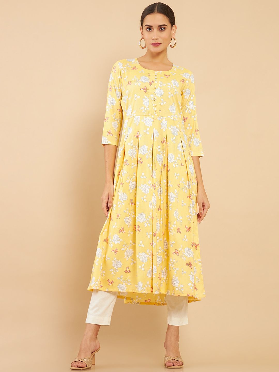 Soch Women Yellow Ethnic Motifs Screen Printed Flared Fit Anarkali Kurta Price in India