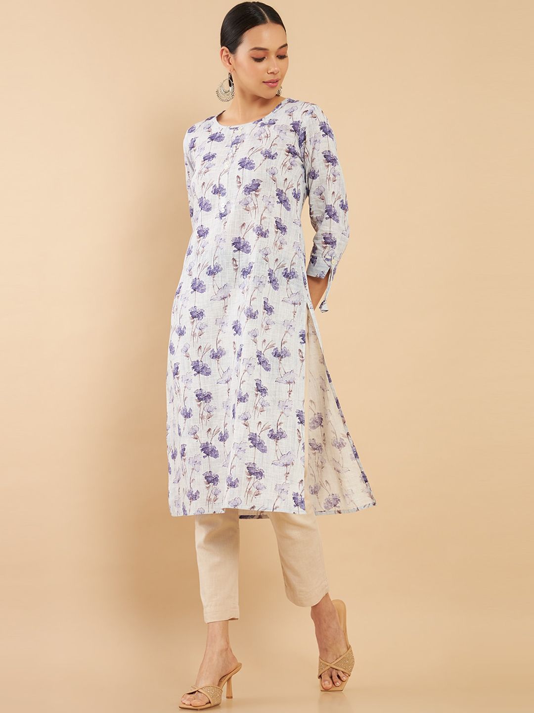 Soch Women Purple Floral Printed Straight Fit Linen Kurta Price in India