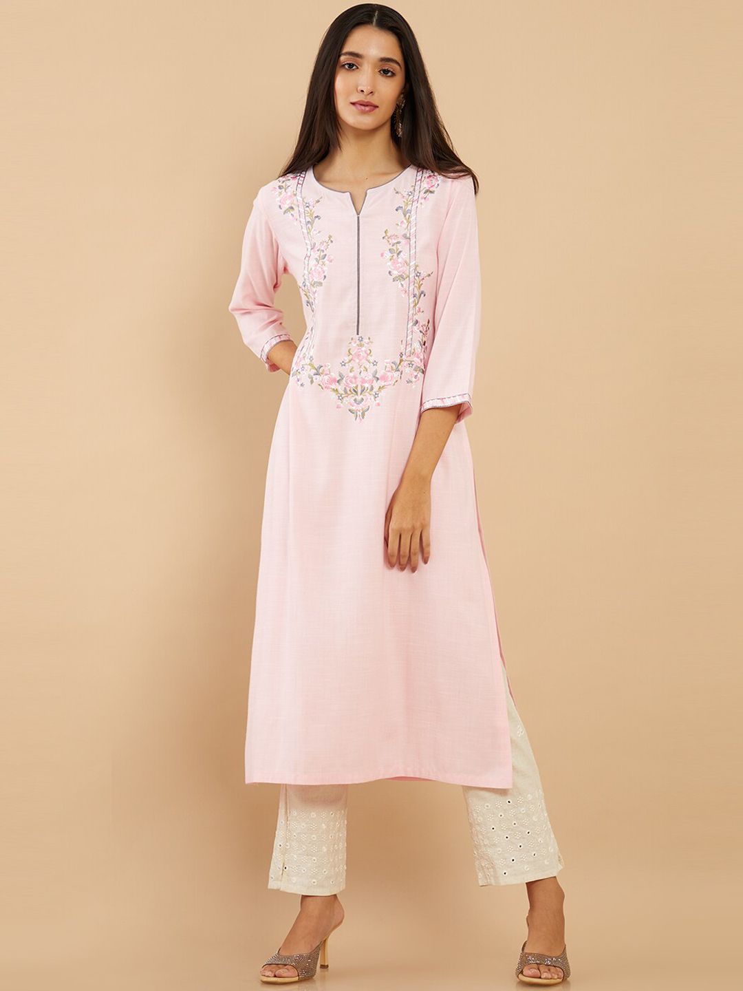Soch Women Pink Embroidered Thread Work Straight Fit Kurta Price in India