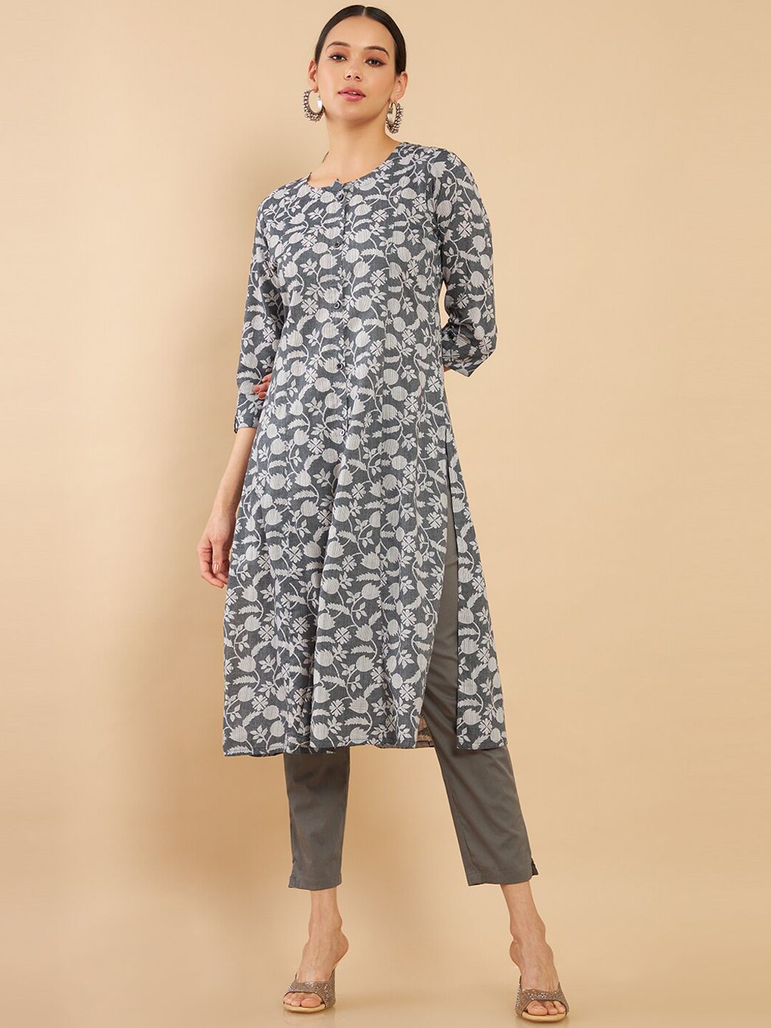 Soch Women Grey Floral Printed Cotton A-Line Fit Kurta Price in India
