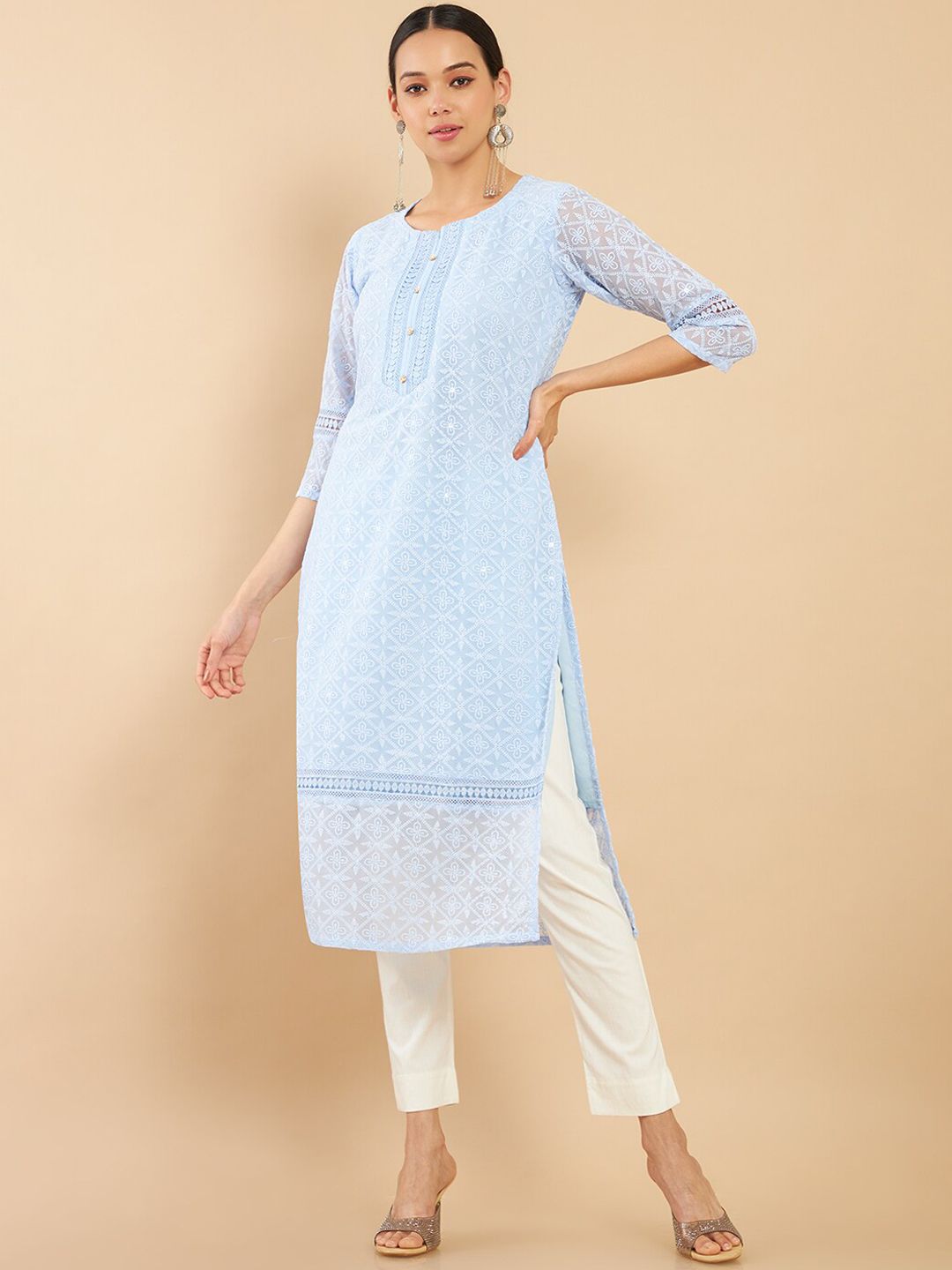 Soch Women Blue Flared Sleeves Thread Work Georgette Straight Fit Kurta Price in India