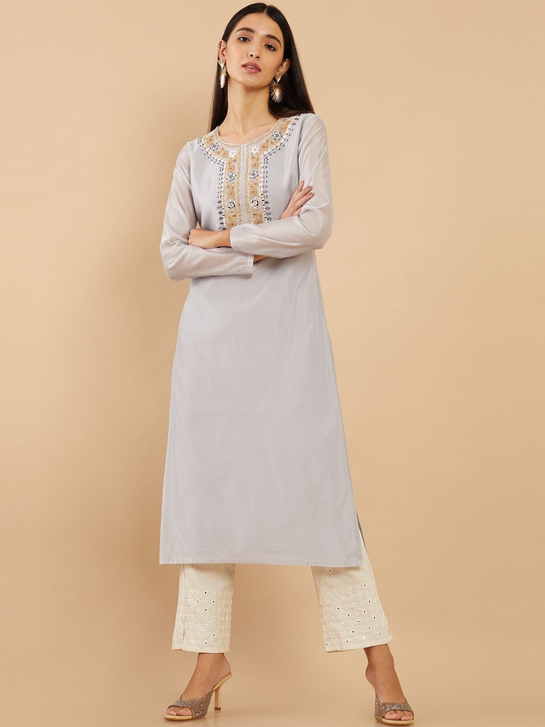 Soch Women Grey Solid Yoke Design Chanderi Embroidered Straight Fit Kurta Price in India