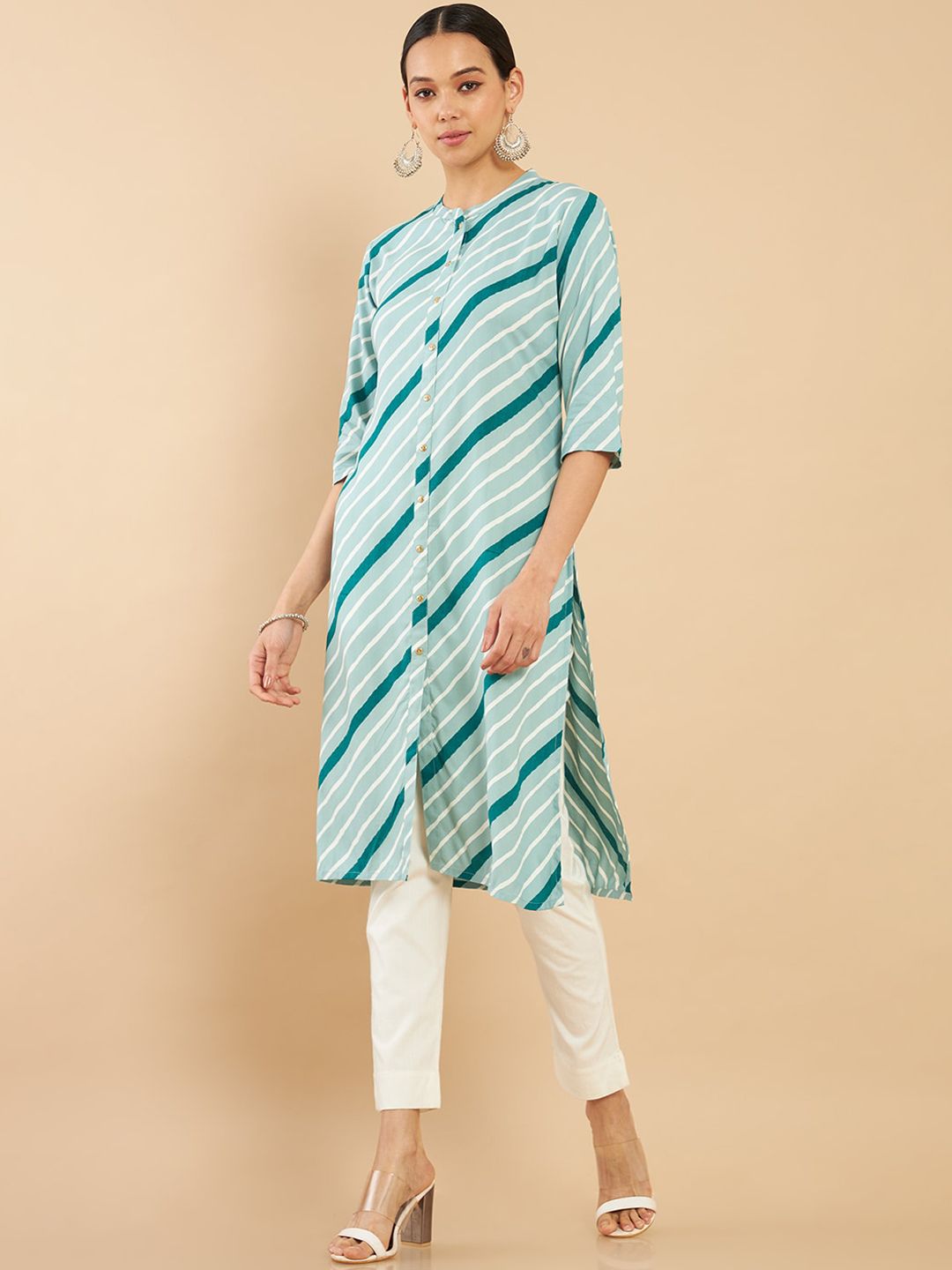 Soch Women Blue Striped Printed Straight Rayon Kurta Price in India