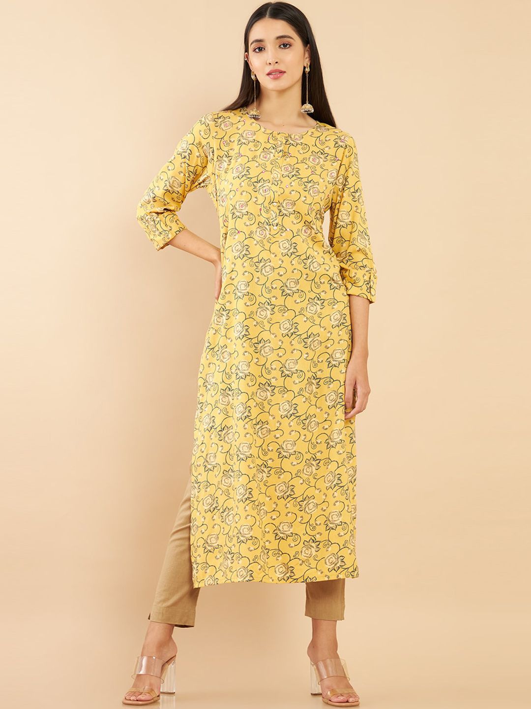 Soch Women Yellow Printed Flared Sleeves Mirror Work Straight Fit Kurta Price in India