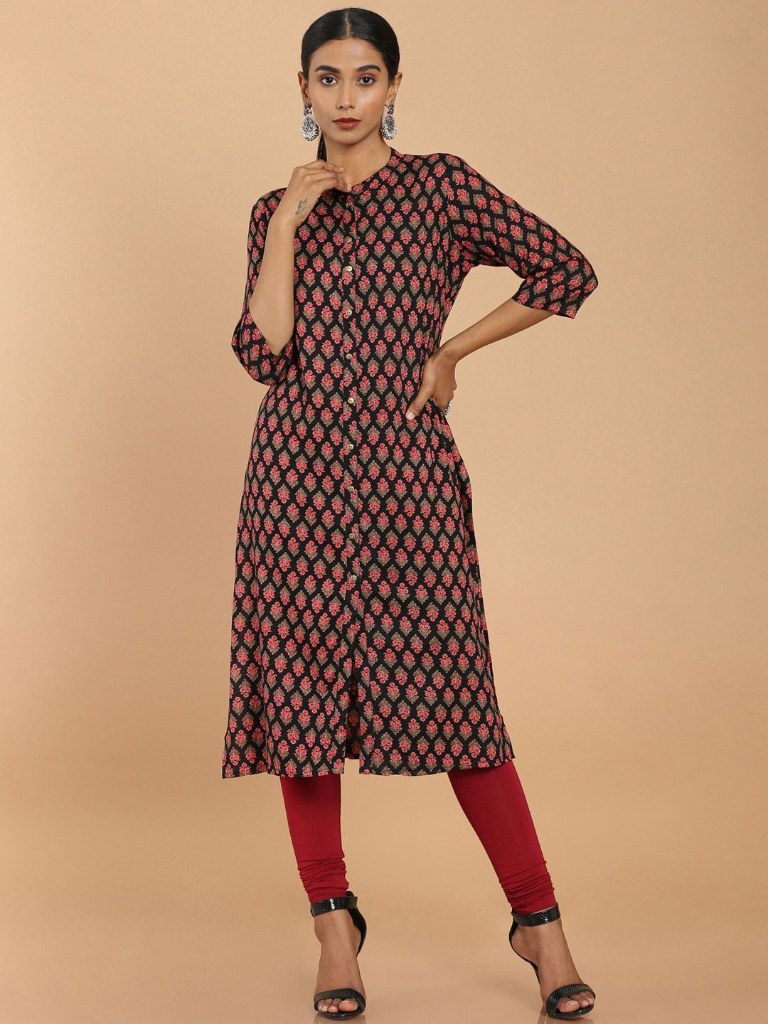 Soch Women Black Ethnic Motifs Printed Flared Sleeves Gotta Patti Rayon Kurta Price in India