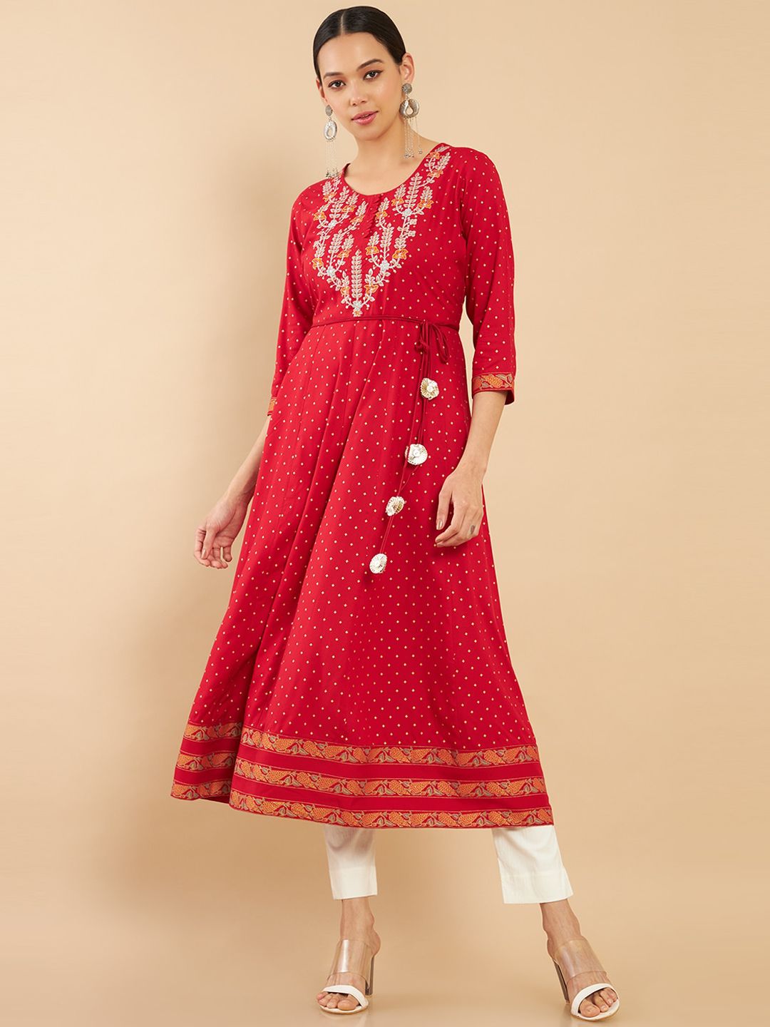 Soch Women Red Ethnic Motifs Embroidered Rayon Kurta Price in India