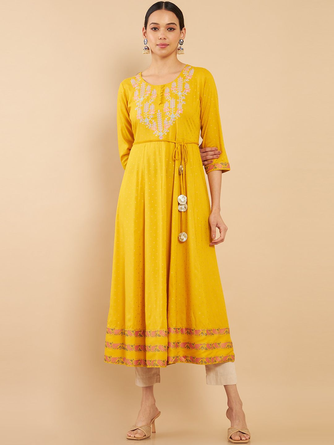 Soch Women Mustard Yellow Ethnic Motifs Yoke Design Embroidered Flared Fit Kurta Set Price in India