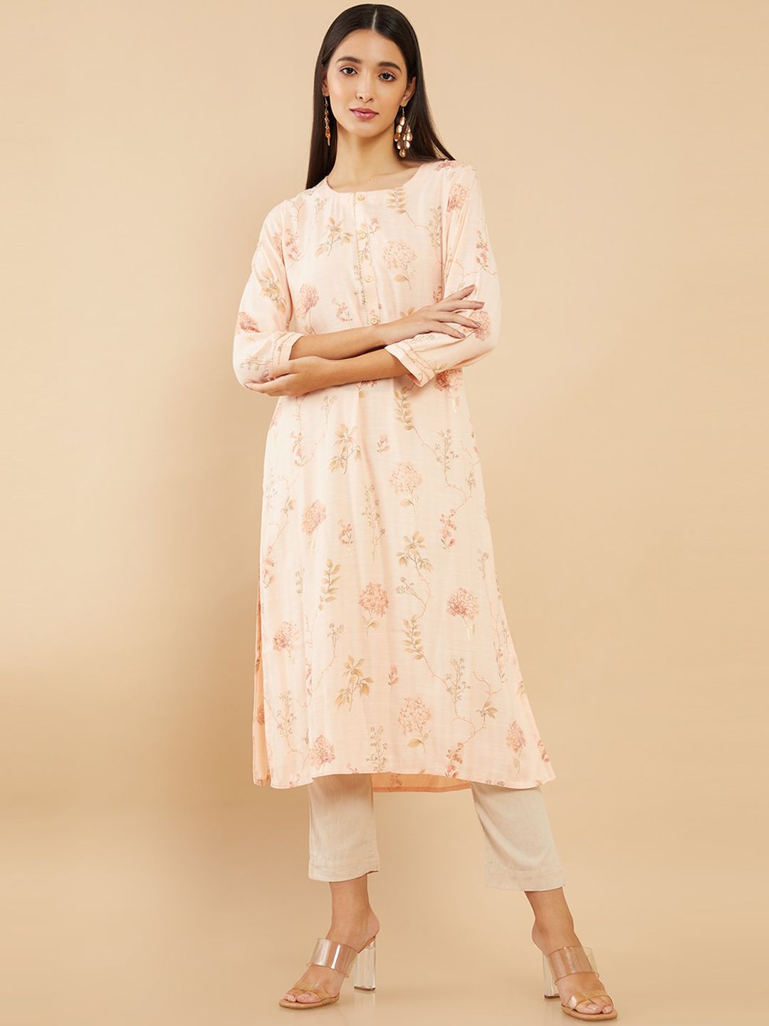 Soch Women Pink Floral Printed Straight Fit Kurta Price in India