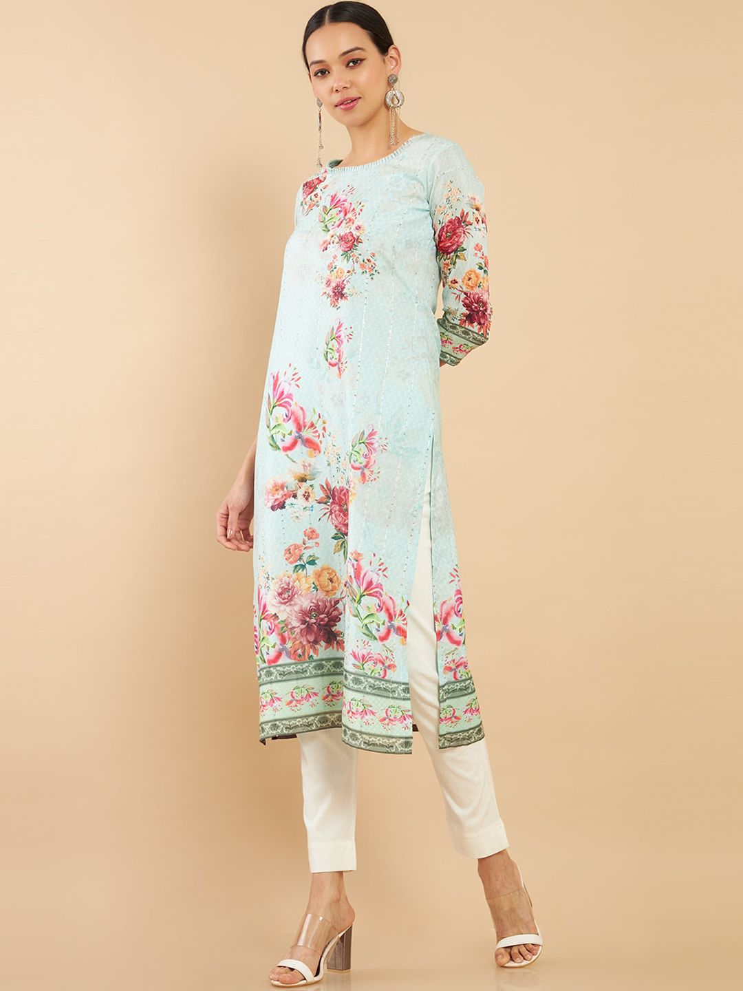 Soch Women Blue & Pink Floral Printed Straight Fit Muslin Kurta Price in India