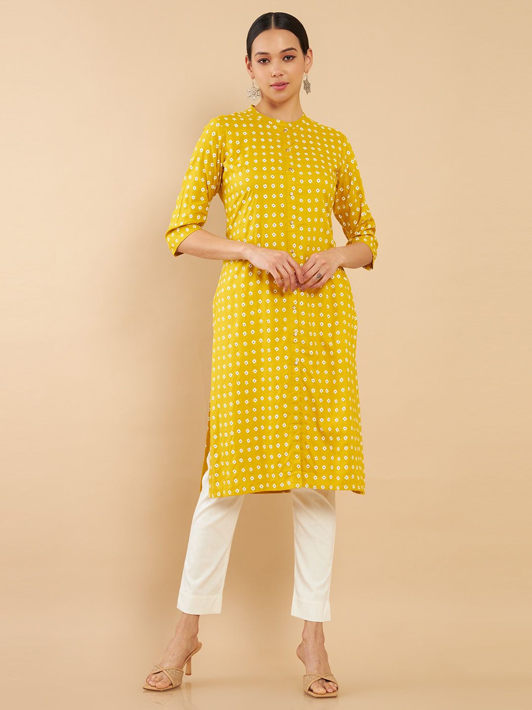 Soch Women Mustard Yellow Ditsy Printed Straight Fit Kurta Price in India