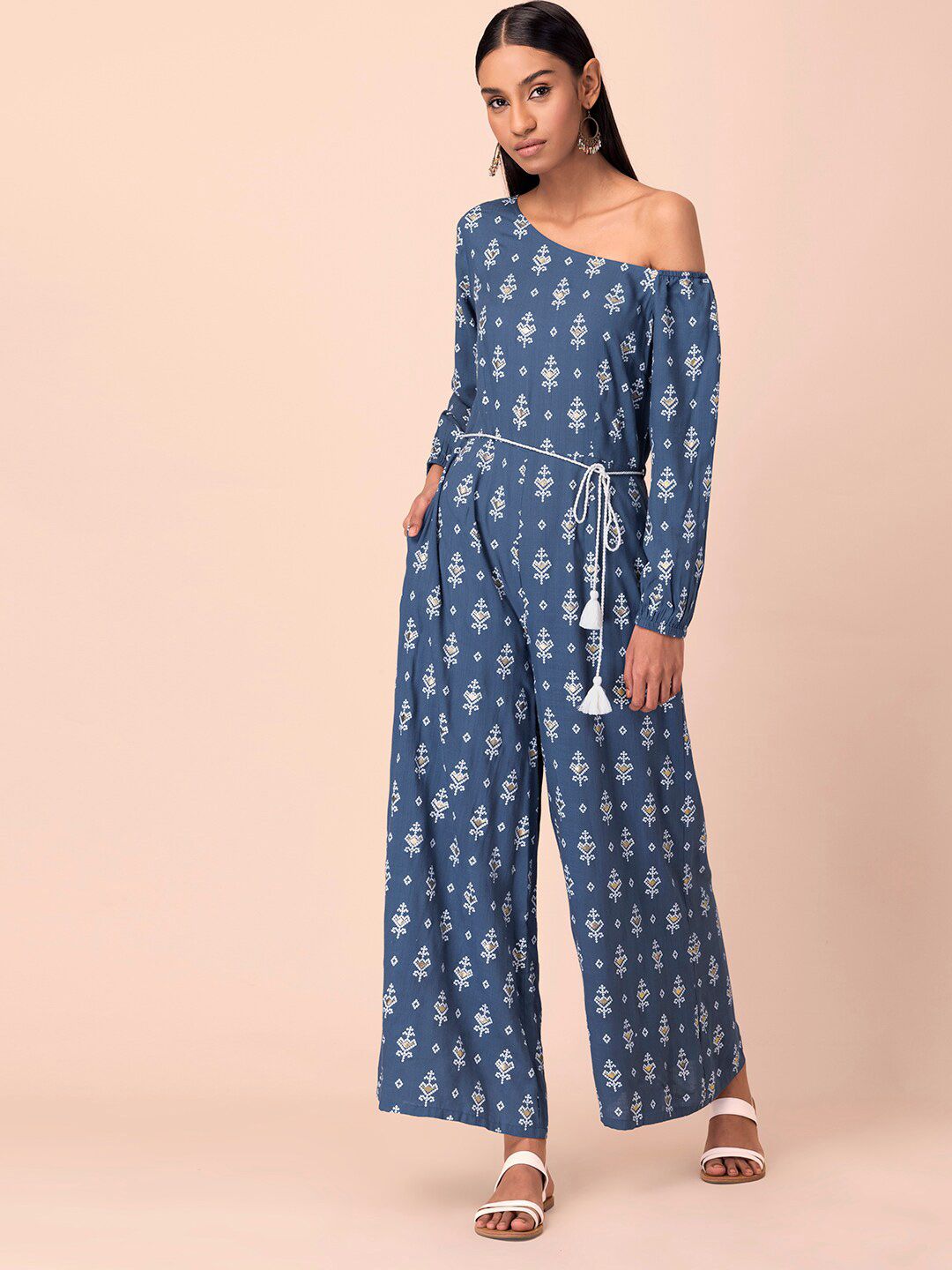 INDYA Women Blue & White Printed Basic Jumpsuit Price in India