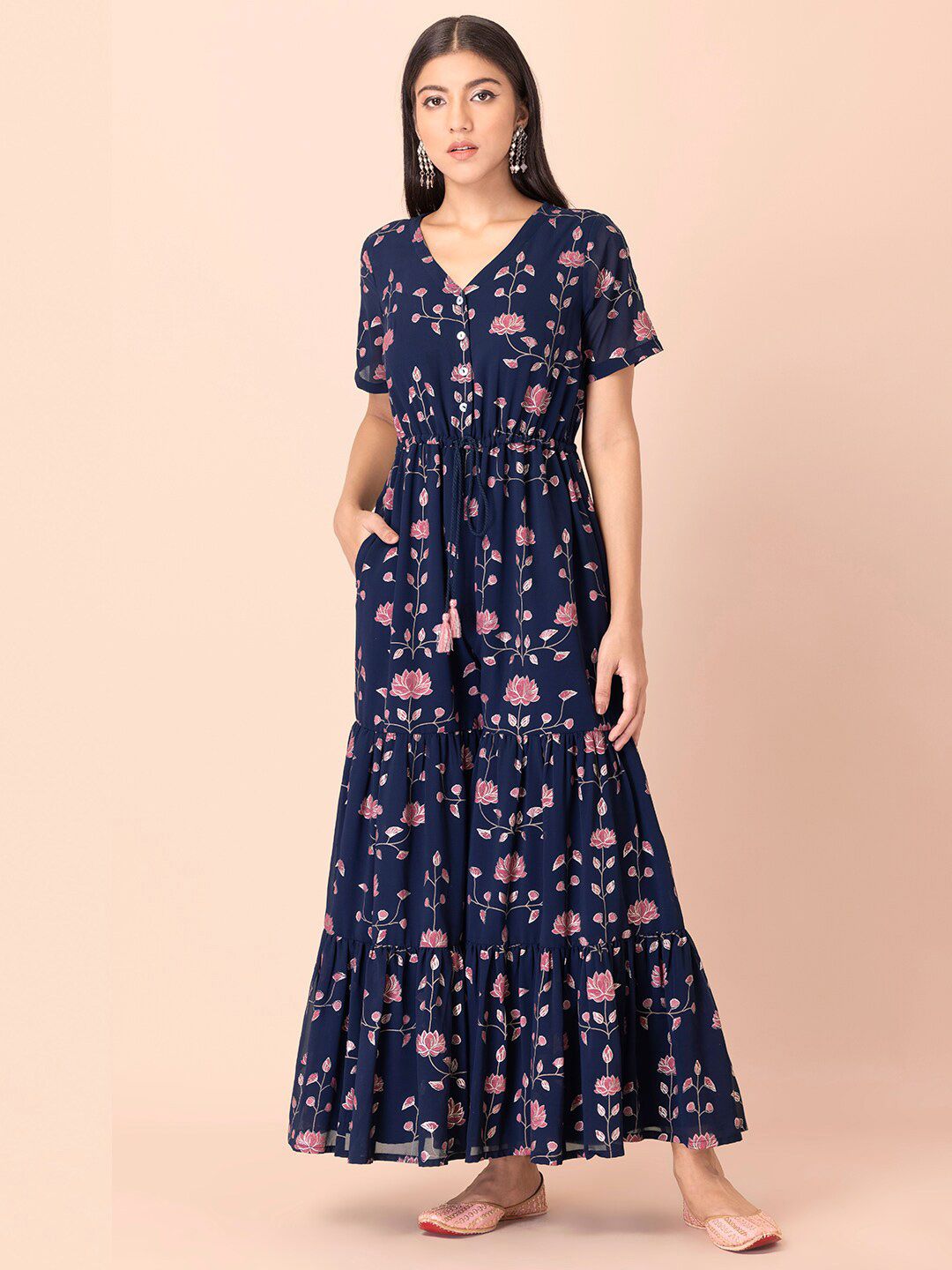 INDYA Women Blue & Pink Printed Tiered Basic Jumpsuit Price in India