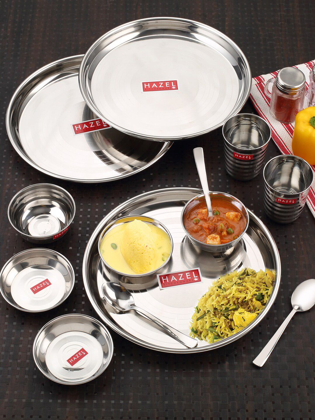 HAZEL Steel & 12 Pieces Stainless Steel Glossy Dinner Set Price in India