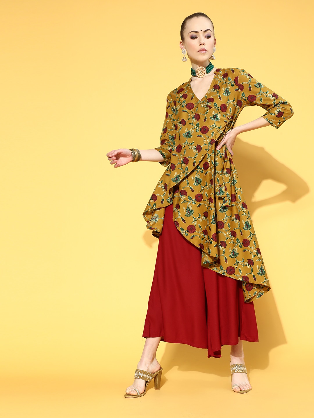 InWeave Women Elegant Mustard Printed Top with Solid Palazzos Price in India
