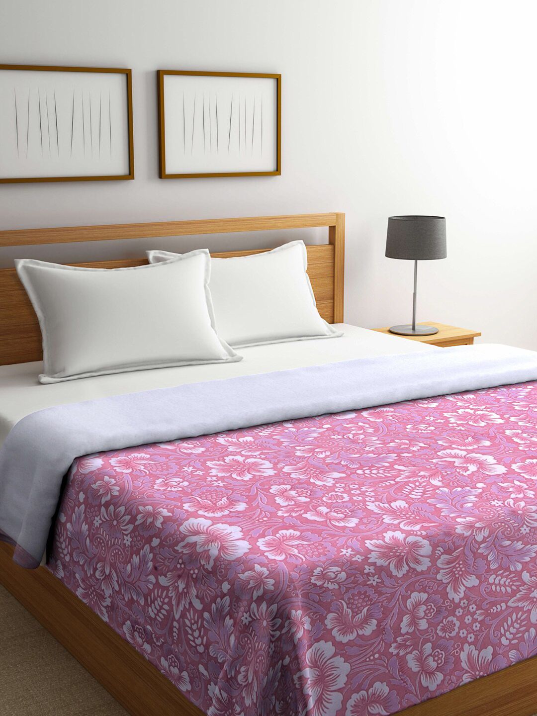 KLOTTHE Pink Floral Printed 300 GSM Mild Winter Double Bed Wool Comforter Price in India