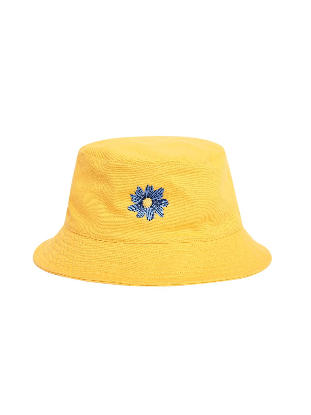 Blueberry Unisex Yellow & Blue Floral Embroidered Reversible Bucket Hat Price in India