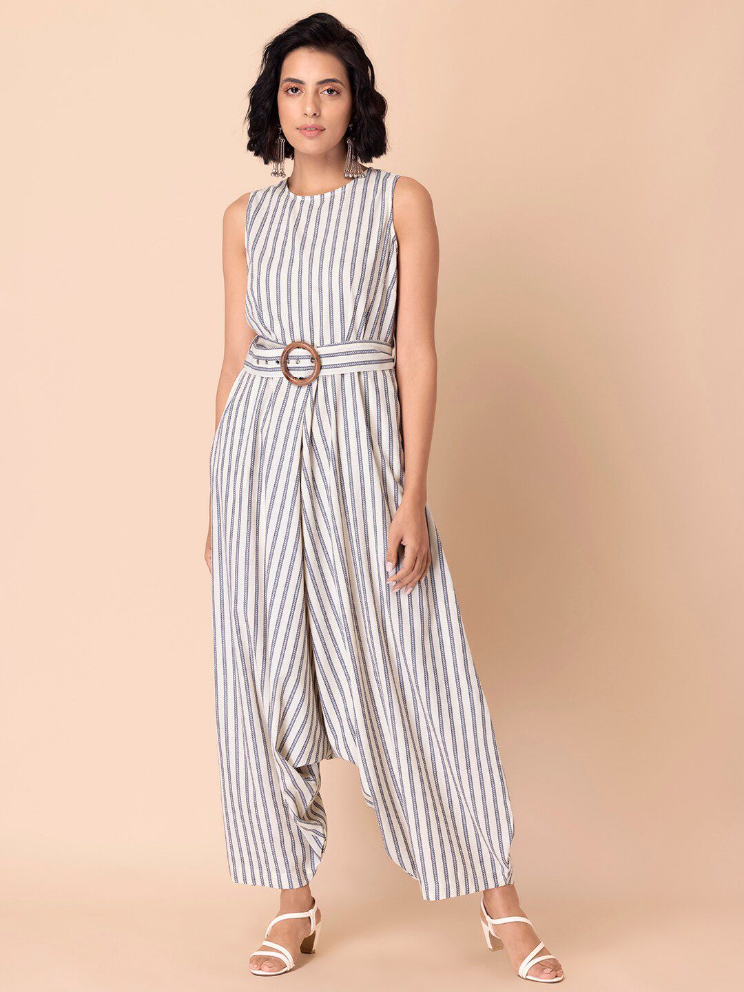 Earthen BY INDYA Beige & Grey Striped Pure Cotton Cowl Jumpsuit Price in India