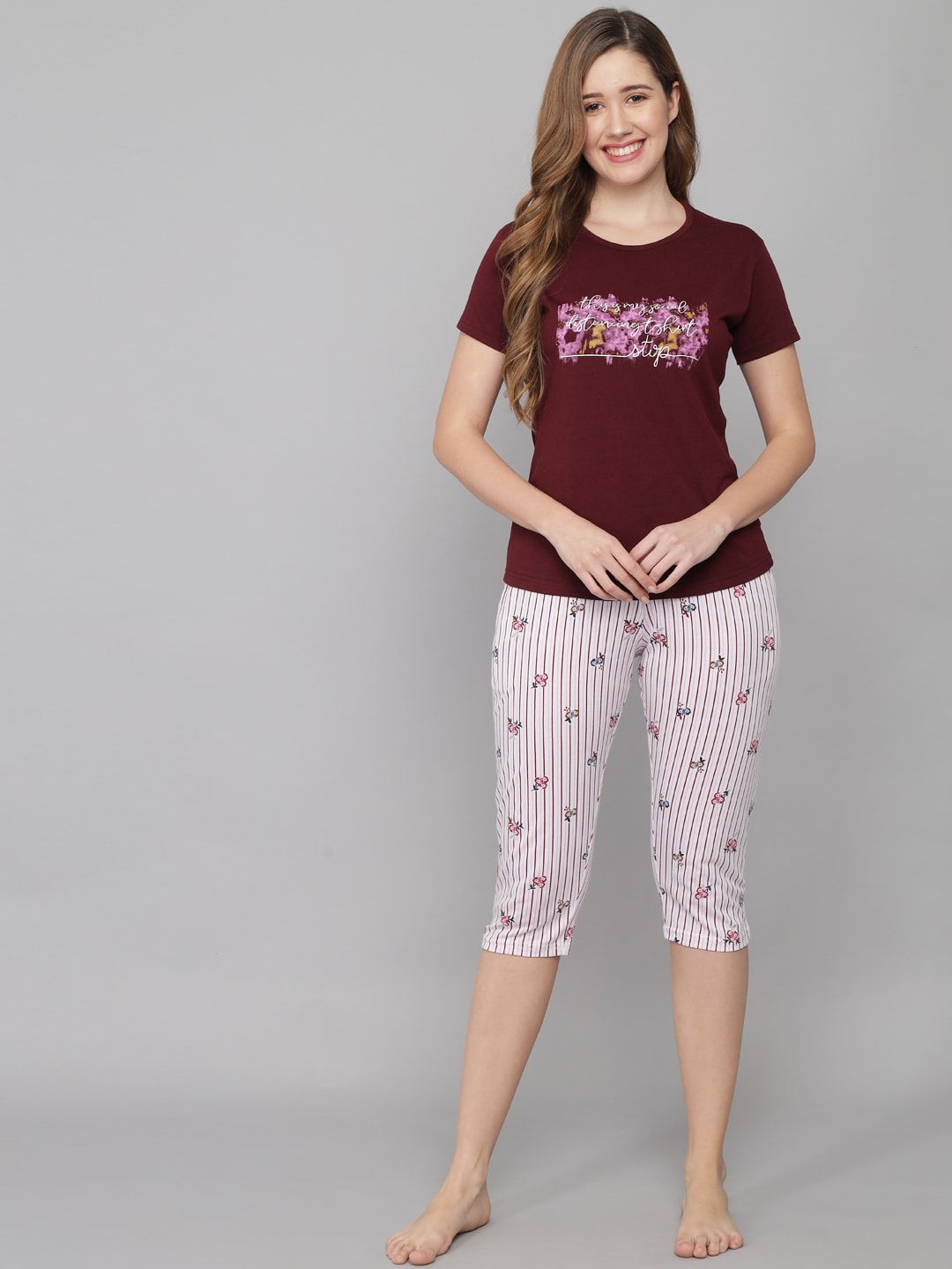 ANTI CULTURE Women Maroon & White Printed Pure Cotton Night suit Price in India