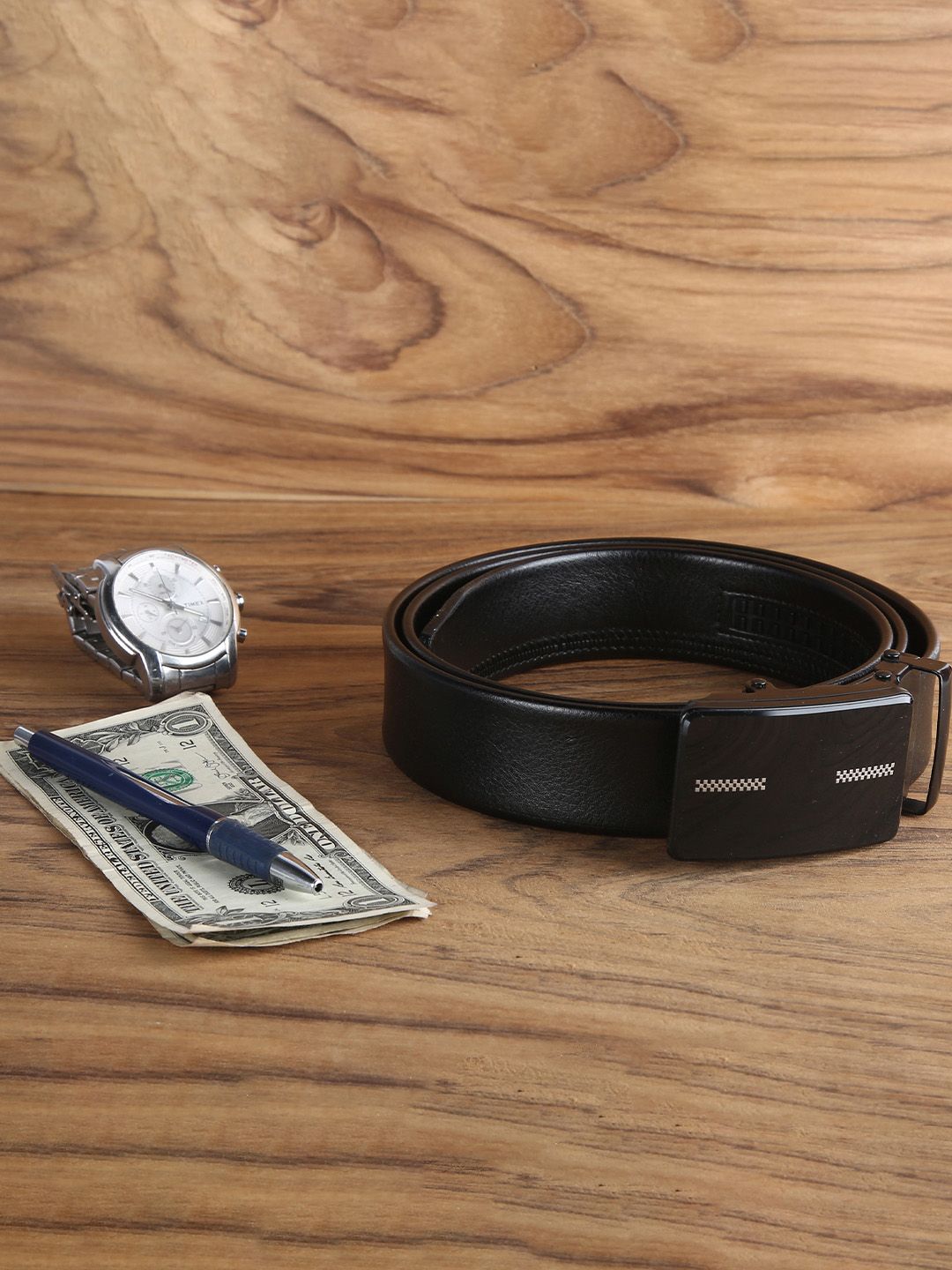 VOGARD Men Black PU Auto Lock Buckle Belt