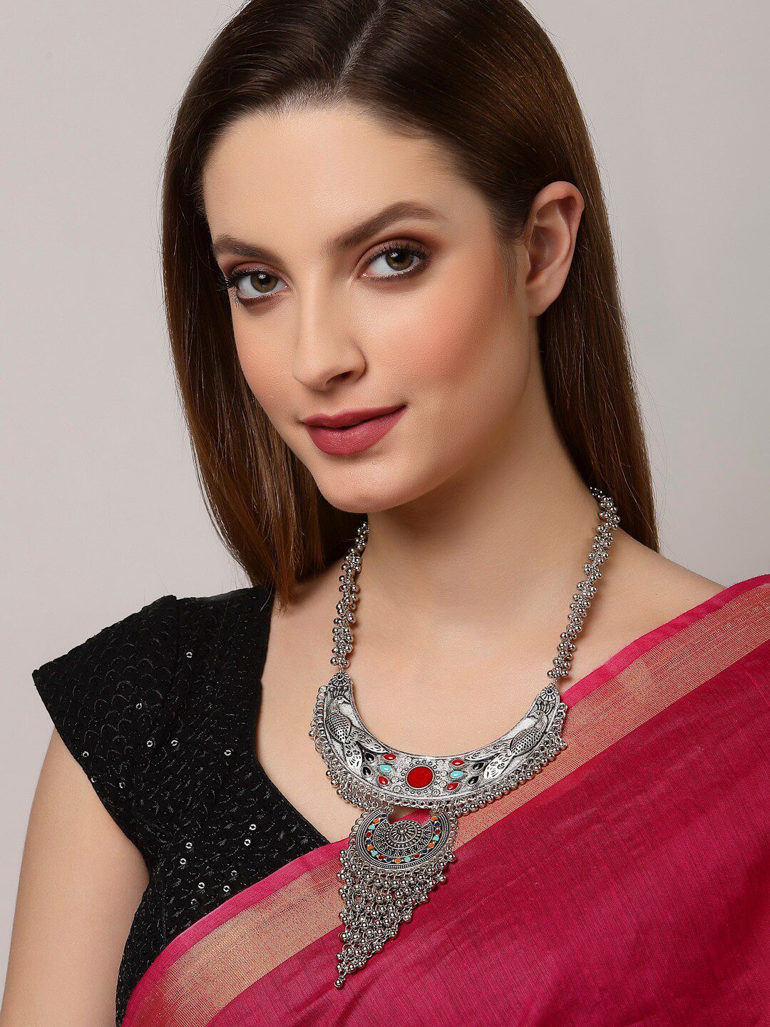 Arrabi Women Silver-Toned Oxidised Necklace Price in India