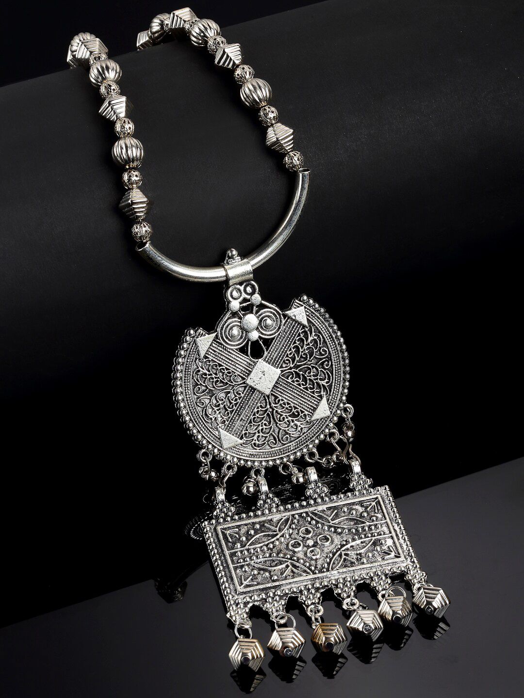 Arrabi Women Silver-Toned & Black Oxidized Necklace Price in India