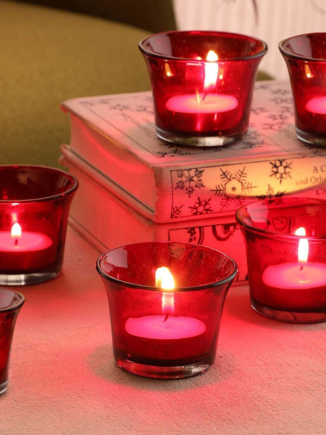 Homesake Set of 6 Red Collar Glass Tea Light Candle Holder Price in India