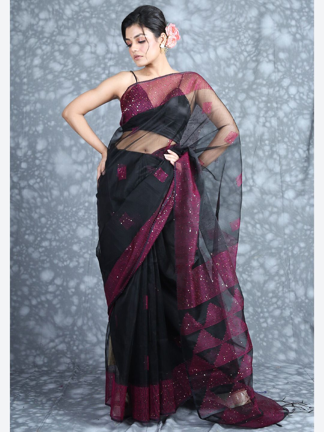 Charukriti Black & Magenta Woven Design Pure Silk Saree Price in India