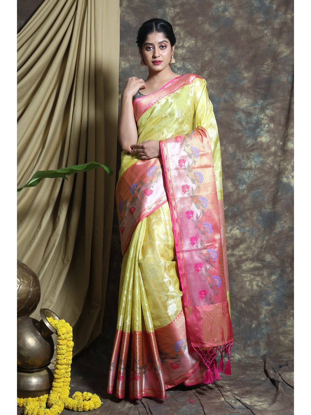 Charukriti Yellow & Pink Woven Design Handloom Tissue Saree Price in India