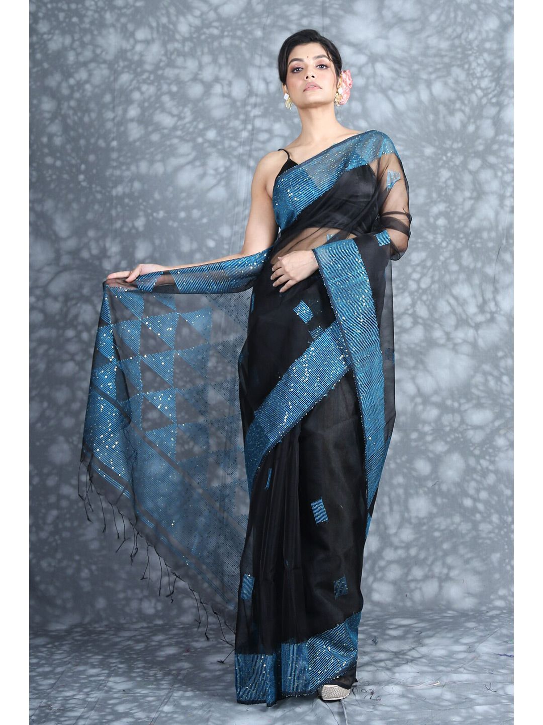 Charukriti Black & Blue Woven Design Pure Silk Saree Price in India