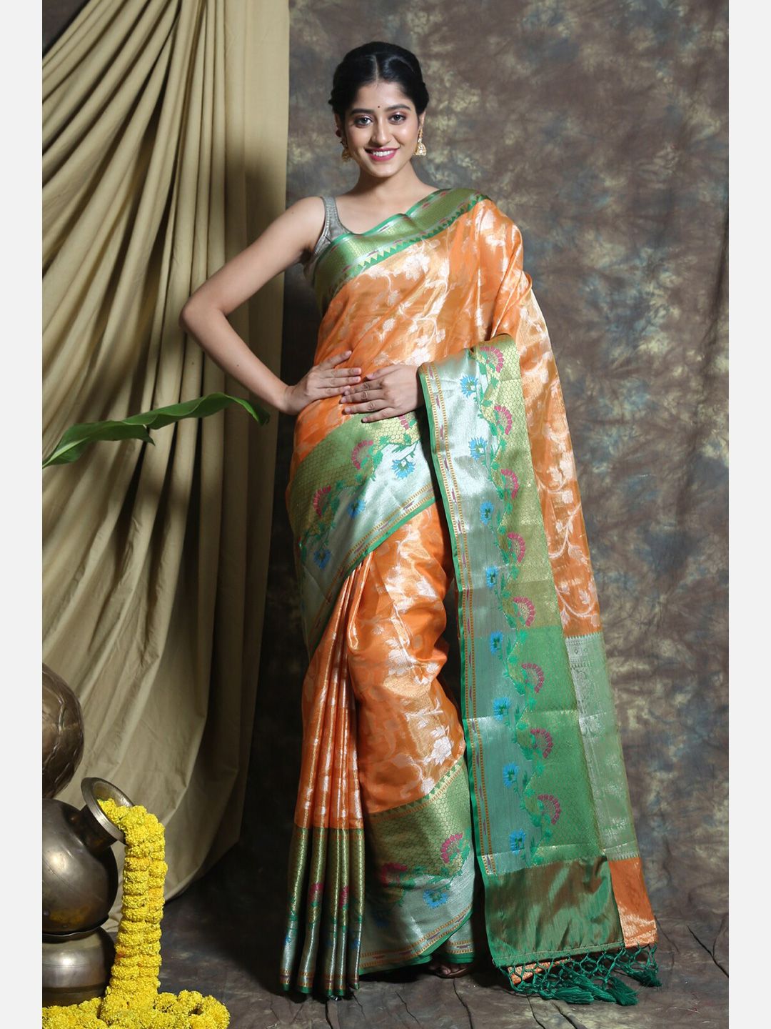 Charukriti Orange & Green Floral Zari Tissue Saree Price in India