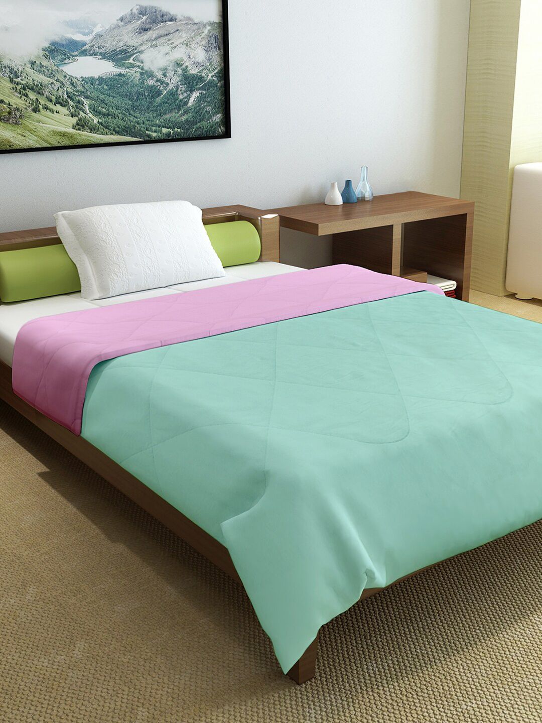 Divine Casa Pink & Sea Green Solid 150 GSM Mild Winter Single Bed Comforter Price in India