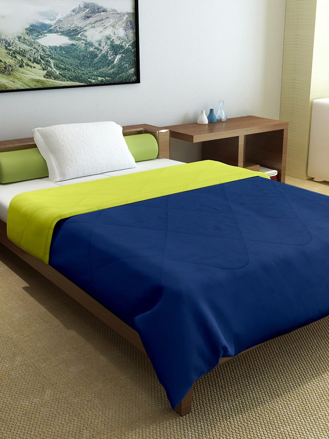 Divine Casa Navy Blue & Green 150 GSM Single Bed Solid Mild Winter Comforter Price in India