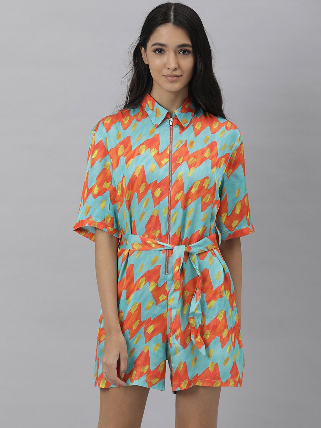 RAREISM Orange & Sea Green Modal Printed Playsuit Price in India