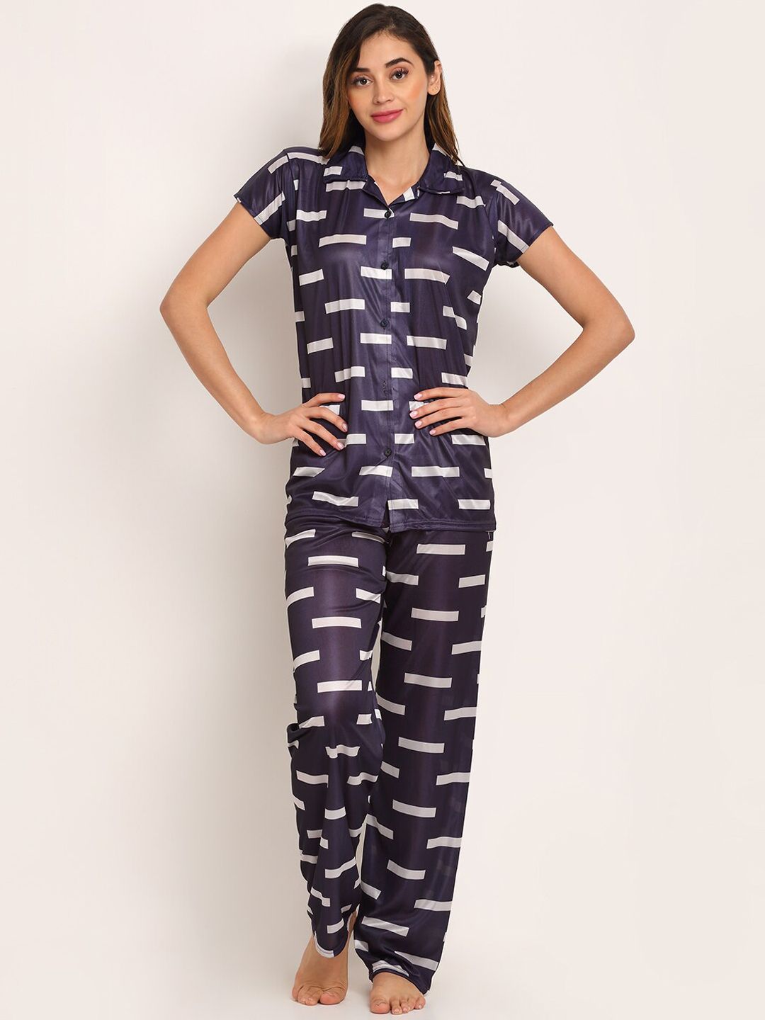 Sidwa Women Navy Blue & White Printed Night Suit Price in India
