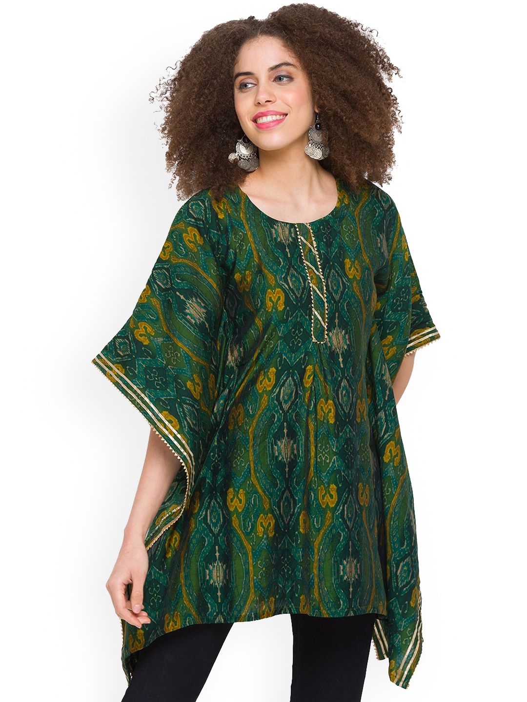 TANKHI Women Green Flared Sleeves Kaftan Kurta Price in India