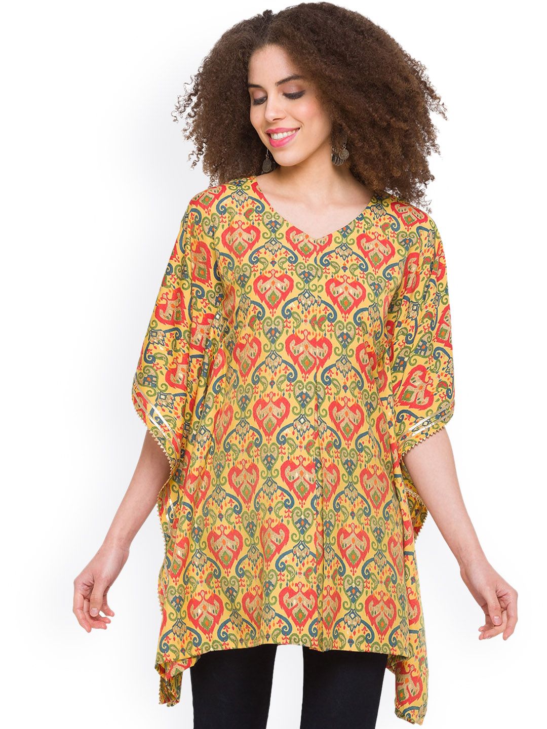 TANKHI Women Yellow Ethnic Motifs Printed Kaftan Kurta Price in India