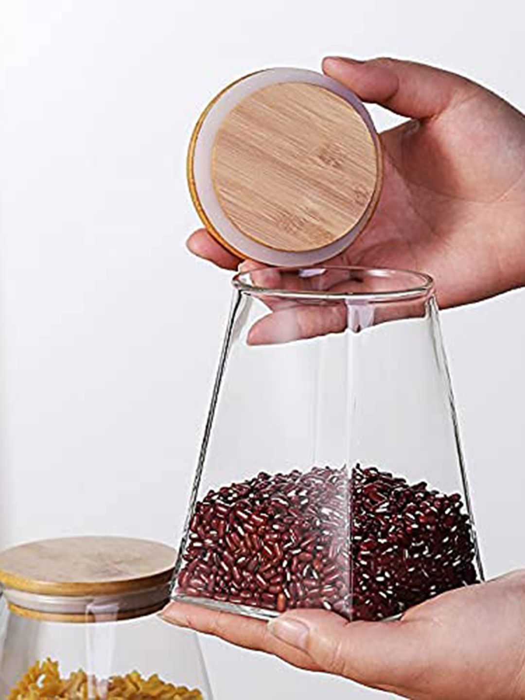 Femora Set Of 2 Borosilicate Glass Triangle Storage Jars with Bamboo Lids Price in India