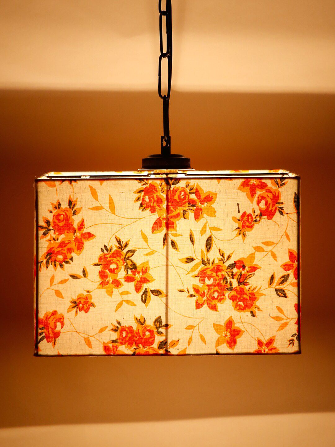 Devansh White & Red Floral Printed Square Cotton Drum Hanging Lamp Price in India