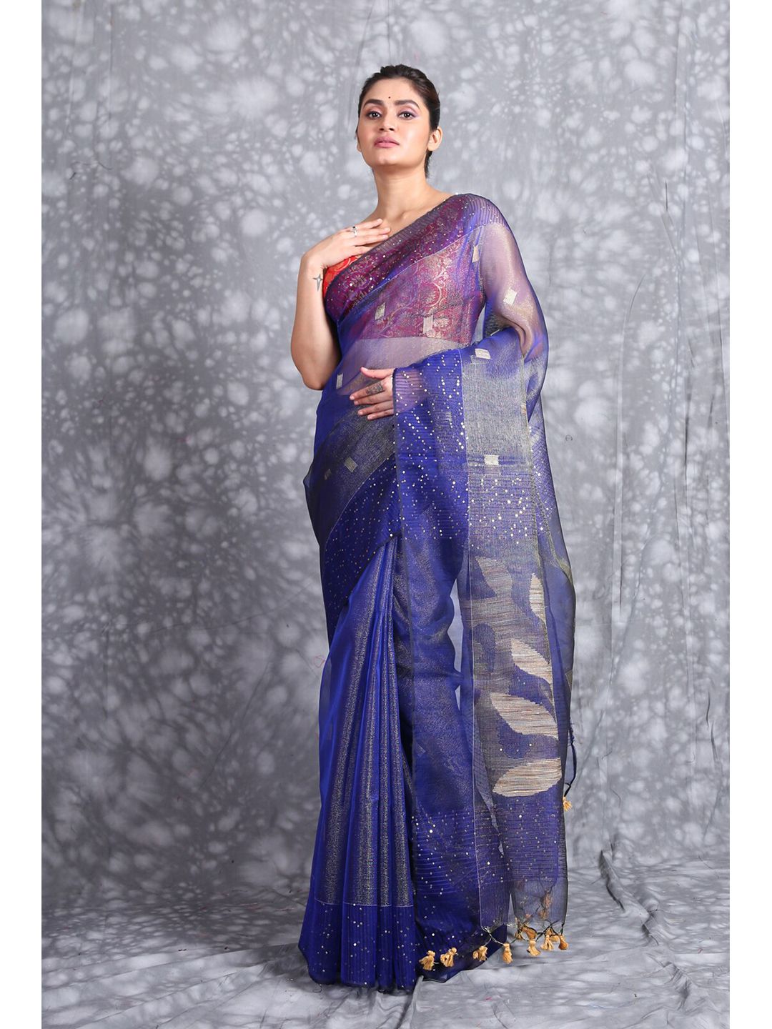 Charukriti Blue & Gold-Toned Woven Design Sequinned Pure Silk Saree Price in India
